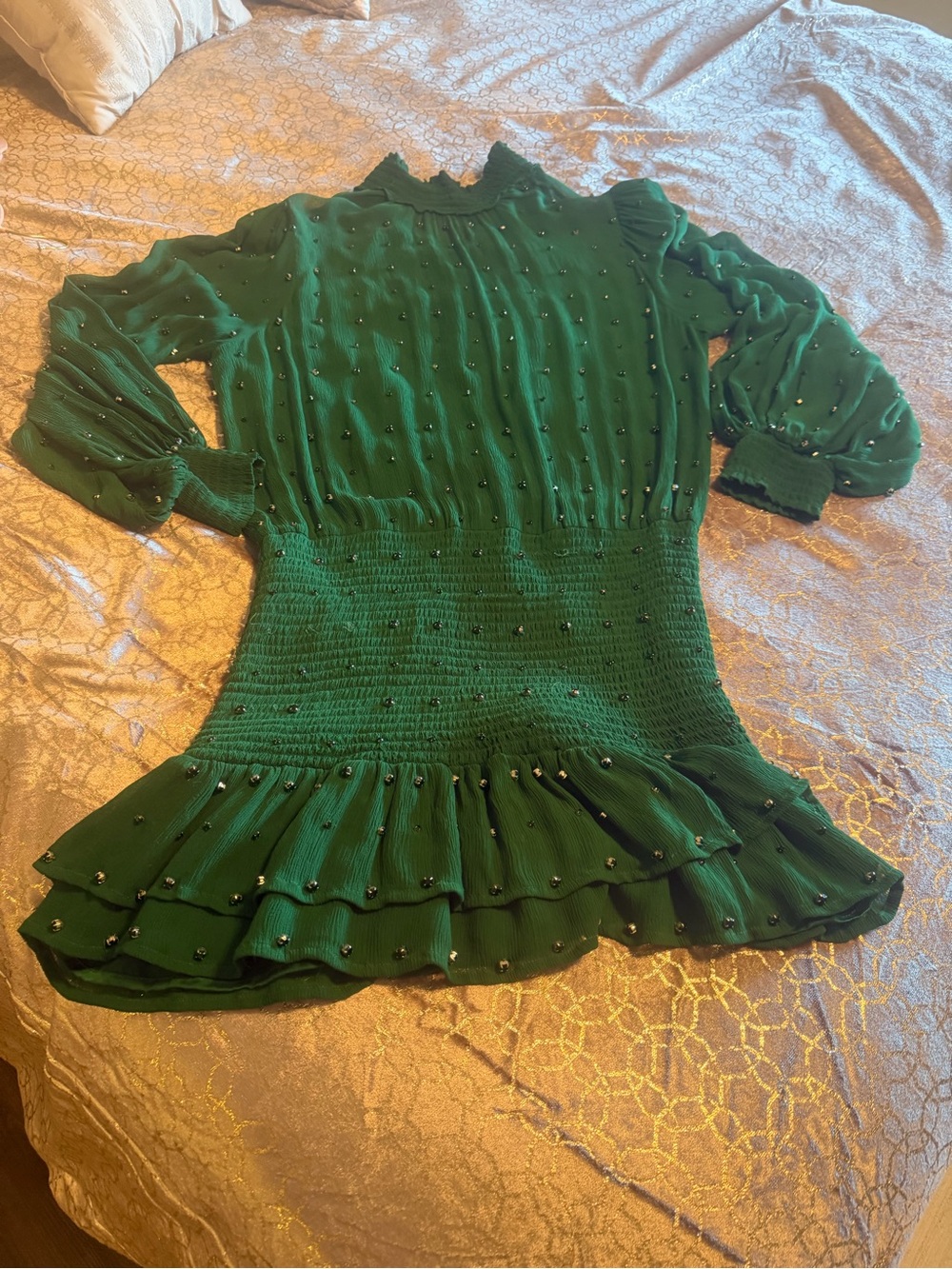 Retrofête Emerald Green Beaded Ruffle Midi Dress